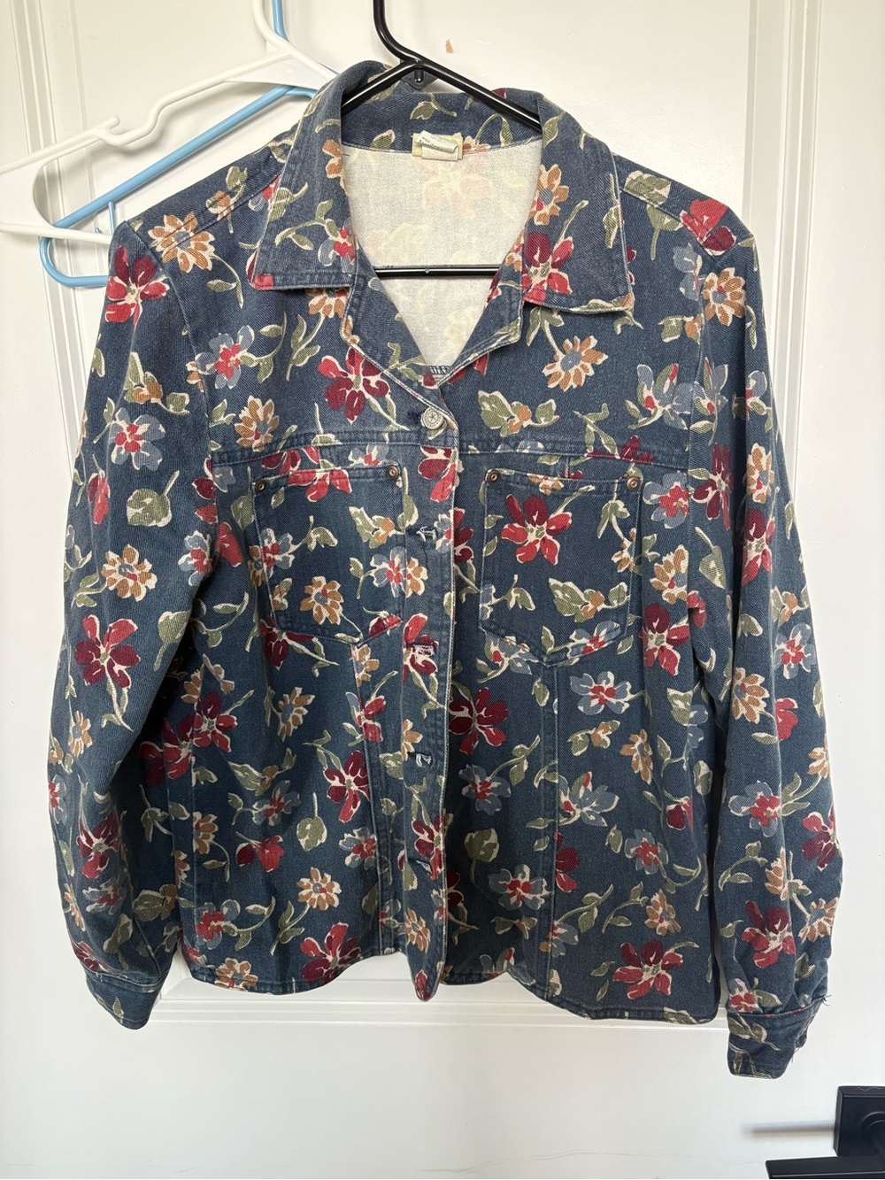 Floral Denim Jacket - Blue with Red & Cream Flowers